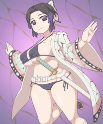 belt big_breasts bikini black_bikini black_hair butterfly_hair_ornament demon_slayer female female_only footwear haori kabeume kimetsu_no_yaiba kochou_shinobu nipple_bulge no_pupils pale-skinned_female purple_eyes side-tie_bikini slightly_chubby smile solo swimsuit sword thick_thighs two_tone_hair underboob wide_hips