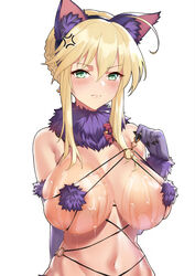 1girls 2017 ahoge anger_vein animal_ears areola_slip areolae artoria_pendragon artoria_pendragon_(lancer) blonde_hair blush braid breasts cosplay earrings elbow_gloves fake_animal_ears fate/grand_order fate_(series) female female_focus female_only french_braid glint gloves green_eyes hair_between_eyes hairband jewelry large_breasts mash_kyrielight_(dangerous_beast)_(cosplay) navel o-ring o-ring_top photoshop_(medium) purple_gloves short_hair sidelocks solo solo_female suggestive_fluid yunsang