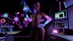 3d blizzard_entertainment breasts dark-skinned_female dark_skin detailed_background earrings female female_only gun highres neon_lights overwatch pose solo sombra valyrriansfw weapon