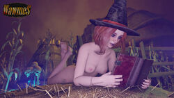 3d blender dbd dead_by_daylight feet feet_up mikaela_reid on_hay on_stomach reading reading_book soles solo_female wawmes witch witch_hat