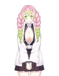 bael bangs big_breasts braided_hair braids cleavage clothing cute demon_slayer female female_only green_eyes haori kanroji_mitsuri kimetsu_no_yaiba long_hair long_sleeves mole_under_eye no_bra open_shirt pale-skinned_female pink_hair pleated_skirt revealing_clothes solo two_tone_hair unbuttoned_shirt uniform