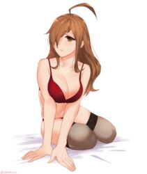 1girls 2017 ahoge artist_name big_breasts bra breasts brown_hair cleavage female female_focus female_only hair_over_one_eye highres kono_subarashii_sekai_ni_shukufuku_wo! large_breasts lingerie long_hair looking_at_viewer navel parted_lips red_bra sendrawz solo solo_female twitter_username underwear white_background wiz_(konosuba) yellow_eyes