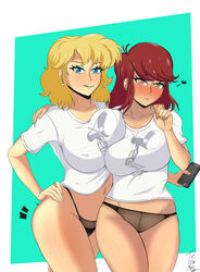 2girls bangs becky_(the_loud_house) big_breasts black_thong blonde_female blonde_hair blue_eyes blue_lipstick blush breasts breasts_to_breasts breasts_together brown_eyes brown_hair busty duo earrings female hips huge_breasts human human_only large_breasts lori_loud makeup mascara multiple_girls nipples nipples_visible_through_clothing no_pants panties shirt t-shirt teconmiel the_loud_house thong tight_shirt underwear wide_hips