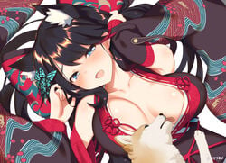 1animal 1dog 1girls ara_ara arms_up azur_lane black_hair blue_eyes blush breast_lick breasts butterfly_hair_ornament canine cat_ears cleavage collarbone consensual erect_nipples erect_nipples_under_clothes feral feral_on_female floppy_breasts foreplay fusou_(azur_lane) hair_ornament happy huge_breasts imminent_bestiality imminent_breast_sucking imminent_breastfeeding imminent_exposure imminent_sex interspecies large_breasts licking long_hair looking_at_animal looking_at_partner lying miko moaning moaning_in_pleasure motherly nipples open_mouth pleasure_face revealing_clothes shrine_maiden smile soft_breasts takashiru tongue zoophilia