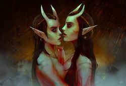 after_kiss artist_request breast_press dungeons_and_dragons hand_holding incest kalikke kanerah pathfinder pathfinder_kingmaker sisters smile tagme tiefling twincest twins yuri