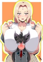 arms_up bbw between_breasts big_breasts black_hair blonde_hair blush bottomless breast_press brown_eyes cleavage clothed_female fishnet_bodysuit fishnets gigantic_breasts head_between_breasts height_difference huge_breasts larger_female looking_at_another looking_down mature mature_female naruto naruto_(series) naruto_shippuden older_female original_character purple_eyes red_face senak012 shirt size_difference smaller_male taller_female taller_girl tied_hair tsunade twintails voluptuous younger_male