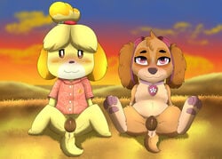 2girls anatomically_correct anatomically_correct_genitalia anatomically_correct_pussy animal_crossing animal_genitalia animal_pussy anthro anus blush bottomless canid canine canine_pussy canis clothed clothing collar conditional_dnp crossover domestic_dog duo female female_only feral genitals hi_res isabelle_(animal_crossing) looking_at_viewer mammal multiple_girls nintendo no_pants no_underwear paw_patrol pussy shirt skye_(paw_patrol) spread_legs spreading topwear video_games xxgato