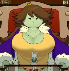 2girls adventure_girls adventure_time ass backpack bag big_ass blonde_hair brown_hair cleavage crown female female_only fionna_the_human_girl giantess green_skin highres huge_breasts human king_huge long_hair mob_face multiple_girls panties rule_63 smile somescrub