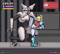 1girls 2d 2d_animation animated blonde_hair bodysuit closed_eyes e.m.m.i gameplay_mechanics human_penetrated james_cabello metroid metroid_dread nintendo one_leg_up pixel_animation pixel_art ponytail power_suit robot robot_on_human robot_penis samus_aran sex sex_machine size_difference standing_sex tagme torn_bodysuit torn_clothes x-ray