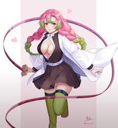 bangs big_breasts blush braided_hair cleavage clothing demon_slayer feet_out_of_frame female female_only green_eyes haori kanroji_mitsuri kimetsu_no_yaiba kui_art long_hair long_sleeves looking_at_viewer mole_under_eye no_bra open_shirt pink_hair pleated_skirt revealing_clothes smile solo sword thighhighs two_tone_hair unbuttoned_shirt uniform zettai_ryouiki