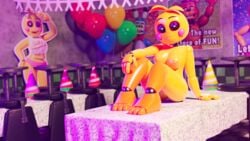 3d 3d_(artwork) ashleyorange bird_humanoid chicken eyeshadow five_nights_at_freddy's five_nights_at_freddy's_2 looking_at_viewer orange_feet relaxing robot robot_girl solo solo_female solo_focus toy_chica_(ashleyorange) toy_chica_(fnaf) white_eyes yellow_feathers yellow_skin