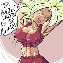 1girls abs big_breasts breasts dragon_ball dragon_ball_super english_text female female_only female_saiyan fusion kefla large_breasts legendary_super_saiyan muscular muscular_female naughty_face nipples_visible_through_clothing open_mouth pseudocel saiyan super_saiyan text universe_6/universe_7 universe_6_saiyan/universe_7_saiyan