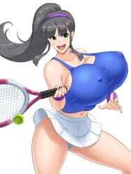 1girls 5_fingers bakunyuu ball bare_shoulders belly belly_button black_hair blue_panties blue_skirt bounce bouncing bouncing_breasts breasts cleavage clothed clothes clothing collarbone covered_erect_nipples curvaceous curvy curvy_female enormous_breasts erect_nipples erect_nipples_under_clothes eye_contact eyebrows eyebrows_visible_through_hair eyelashes facing_viewer female_focus green_eyes hair hairband hi_res high_resolution highres hips holding holding_object hourglass_figure huge_breasts huge_nipples human human_only humanoid kawanuma_uotsuri long_hair looking_at_viewer microskirt miniskirt navel nipple_bulge no_bra open_mouth original original_character panties pantyshot plain_background ponytail puffy_nipples purple_armband purple_hairband racket saionji_natsu simple_background skirt smile smiling smiling_at_viewer solo sports sports_uniform sportswear sweat sweatdrops tennis tennis_ball tennis_racket tennis_uniform thick thick_thighs thighs tied_hair voluptuous white_background white_skirt wide_hips wristband