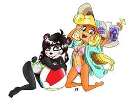 2girls activision anthro bandicoot barefoot beach_ball bikini black_hair blonde_hair blush coco_bandicoot crash_(series) drink duo duo_female feet female female_only fur furry green_eyes long_hair makeup mammal monophos panda suggestive sunhat swimsuit video_games yaya_panda