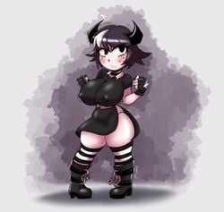 big_breasts boots dyed_hair goth horns jennlumm lumina_(jennlumm) nipples_visible_through_clothing tagme thick_thighs thighhighs