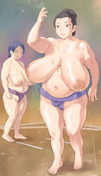 2girls bbw belly black_hair blue_hair breasts fat female female_sumo huge_breasts inverted_nipples lactation large_breasts layers mawashi nipples sagging_breasts sumo sweat