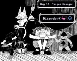 2021 all_fours ambiguous_gender anthro black_and_white bound clothing collar crouching darkner deltarune felid female genitals hi_res himitsu human humanoid kris_(deltarune) lancer_(deltarune) legs_tied mammal monochrome petplay pussy roleplay scalie sketch spot_color susie_(deltarune) tasque_manager_(deltarune) text torn_clothing video_games