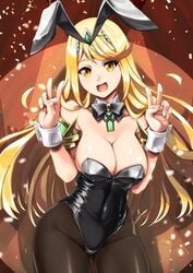 ayamo_kaoru bangs blonde_hair bow bowtie breasts bunny_ears bunnysuit collar colored core_crystal crystal cuff_links curtains double_peace_sign female gem hair_ornament large_penis latex long_hair looking_at_viewer mythra nintendo peace_sign shiny_clothes shiny_skin smile smiling smiling_at_viewer spotlight swept_bangs tagme thick_thighs thighs tiara tight_clothing xenoblade_(series) xenoblade_chronicles_2 yellow_eyes