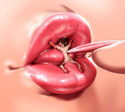 blowjob close-up color femdom giantess larger_female lipstick lipstick_mark long_nails macro micro nude_male original plump_lips pogojo saliva scared size_difference smaller_male tongue