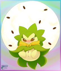 :3 blush eldegoss elemental_creature elemental_humanoid female feral flora_fauna flower genitals green_body hi_res humanoid makoto177 nintendo not_furry plant plant_humanoid pokémon_(species) pokemon pokemon_focus pussy simple_background smile solo video_games