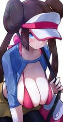 1girls 2021 alternate_breast_size bag bikini_top blue_eyes blush breasts brown_hair female female_focus female_only hat hizake holding_object huge_breasts kashu_(hizake) leggings long_hair looking_at_viewer nintendo pink_bikini_top pokemon pokemon_bw2 rosa_(pokemon) short_skirt simple_background sitting skirt smile sweat sweaty_body thick_thighs thighs tights twin_buns twintails visor visor_cap white_background white_hat yellow_skirt