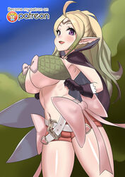 1girls atz-zukin blonde_hair blush breasts cleavage female fire_emblem fire_emblem_awakening gloves happy huge_breasts long_hair manakete midriff navel nintendo nowi_(fire_emblem) pointy_ears ponytail purple_eyes revealing_clothes short_shorts shorts smile solo thick_thighs tiara