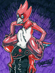 anthro avian avio balls beak bird duo feathers genitals hi_res humanoid_genitalia humanoid_penis knightrider looking_down_at_partner machine male nude parasitedeath penis protogen protogen_visor red_body red_feathers sitting_on_person spread_legs spreading tail_feathers white_body white_feathers