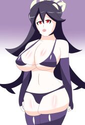 bikini black_hair drawing filia_(skullgirls) lipstick red_eyes samson_(skullgirls) sexually_suggestive shinyoppai skullgirls thick_thighs thighhighs