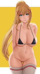 1girls aqua_eyes archway_of_venus arms_behind_back bangs bare_shoulders belly belly_button big_breasts bikini black_bikini black_swimsuit blonde_hair blue_eyes blunt_bangs blush border breasts cameltoe cleavage closed_mouth cowboy_shot curvaceous curvy curvy_figure darkness_(konosuba) dirty_blonde dirty_blonde_hair double_v eye_contact eyebrows_visible_through_hair eyelashes female female_only gluteal_fold hair_between_eyes hair_ornament hi_res high_ponytail highleg highleg_bikini highleg_swimsuit highres hourglass_figure huge_breasts image kono_subarashii_sekai_ni_shukufuku_wo! large_breasts light-skinned_female light_skin long_hair looking_at_viewer micro_bikini navel pink_lips pose posing pussy revealing_clothes sandy_blonde sandy_blonde_hair side-tie_bikini sideboob sidelocks simple_background sling_bikini smirk socks solo standing string_bikini swimsuit thick_thighs thigh_gap thighhighs thighs tied_hair underboob v very_long_hair white_border white_legwear wide_eyed wide_hips x_hair_ornament yellow_background zaphn