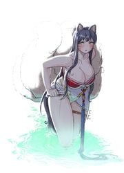 1girls ahri big_breasts black_hair blush cleavage eyebrows_visible_through_hair female female_focus female_only fox_ears fox_girl fox_tail league_of_legends lolboja long_hair onsen riot_games simple_background sweat thick_thighs tired tired_eyes undressing water white_background yellow_eyes