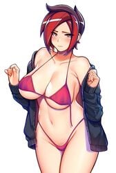 1girls ash_(paladins) big_breasts bikini blush blushing blushing_at_viewer breasts brown_eyes curvy eye_contact female female_only ikkimay jacket large_breasts light-skinned_female light_skin looking_at_viewer multicolored_hair open_jacket paladins pubic_hair short_hair solo solo_female swimsuit tagme thighs two_tone_hair untied_bikini voluptuous