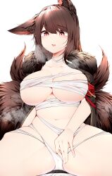 absurdres akagi_(azur_lane) animal_ears areola_slip areolae azur_lane bandages bangs breasts breath brown_hair budget_sarashi chest_sarashi commentary eyebrows_visible_through_hair female fox_ears fox_tail fur_trim highres large_breasts long_hair multiple_tails navel open_mouth red_eyes samip sarashi simple_background sitting solo spread_legs stomach tail thighs white_background