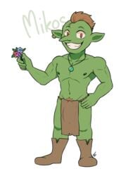 1boy big_bulge boots brown_hair bulge bulge_through_clothing earring flower goblin goblin_male green_skin hornbunxx loincloth looking_at_viewer male male_only mikos_(hornbunxx) necklace orange_eyes partially_clothed simple_background solo