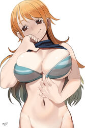 1girls big_breasts breasts eye_contact female female_only large_breasts looking_at_viewer nami one_piece orange_hair sho-n-d smile solo upper_body white_background