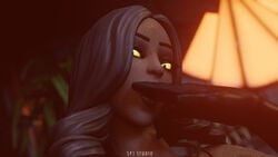 1girls 3d black_gloves closed_eyes eyebrows eyelashes eyeshadow face female female_only finger_in_mouth fortnite fortnite:_battle_royale gloves glowing_eyes human ione_(fortnite) lipstick long_hair looking_at_viewer silver_hair sparklesp1 wet_skin yuri