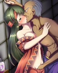 1boy 1girls aphrodisiac arm_grab bare_midriff bare_shoulders blush bottle breast_press breasts drooling fingering fingering_partner fire_emblem fire_emblem:_the_binding_blade green_eyes green_hair holding_hands kissing large_breasts long_hair looking_at_another midriff namanama12ruiji nintendo nipples off_shoulder old_man open_clothes potion rape saliva saliva_trail sue_(fire_emblem) vaginal_penetration wagner_(fire_emblem)