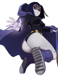 1girls ass big_ass boots cape clothed clothed_female dc dc_comics eye_contact female female_only footwear leotard looking_at_viewer looking_down purple_eyes purple_hair rachel_roth raven_(dc) sho-n-d short_hair smooth_skin solo teen_titans thick_thighs thighs