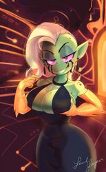 bedroom_eyes big_breasts black_dress evil_grin evil_smile freckles green_body green_skin lewdlagoon lord_dominator pink_eyes pinup pinup_pose seductive_eyes seductive_smile wander_over_yonder warm_lighting white_hair wine wine_glass