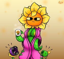 blobslimey chomper_flower coffee female mother_and_child peashooter_(pvz) pink_robe plants_vs_zombies:_heroes pregnant solar_flare_(pvz) tired tired_eyes