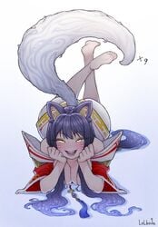 1girls ahri ass_visible_from_the_front big_ass big_breasts black_hair blush cleavage eyebrows_visible_through_hair eyes_visible_through_hair feet feet_up female female_focus female_only fluffy fluffy_ears fox_ears fox_girl fox_tail laying_down laying_on_stomach league_of_legends lolboja long_hair riot_games seductive_smile simple_background smile soles thick_ass white_background yellow_eyes