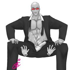 agent_(madness_combat) half-erect hands_on_thighs madness_combat muscular open_clothes pants_open penis revealing_penis undone_necktie unirizz