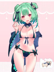 1girls bed bikini breasts butterfly cameltoe dreaming eyebrows_visible_through_hair female female_focus female_only green_hair green_nail_polish hair_bun hair_ornament hololive hololive_fantasy hololive_japan red_eyes simple_background uruha_rushia virtual_youtuber waterring white_skin