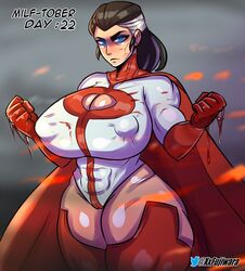 angry angry_face big_ass big_breasts big_butt big_nipples black_hair blood blue_eyes cape genderbent invincible invincible_(comics) looking_at_viewer milf mother muscles nolan_grayson omni-man rule_63 smoke spandex tight_clothes tight_clothing tight_fit xxfujiwaraxx