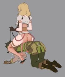 1boy 1girls armada971 ass back_view bar_gag bare_arms bare_thighs big_ass brown_hair ceased_resistance dark-skinned_male dark_skin faye_(fire_emblem) femdom fire_emblem fire_emblem_echoes:_shadows_of_valentia gag glowing gray_(fire_emblem) grey_background grumpy_sub high_heels long_hair malesub nintendo pelvic_curtain petplay ponyplay riding riding_on_back sitting sitting_on_person sitting_on_sub thighhighs thighs trembling