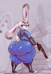 anthro ass bunny clothing cop disney fat firearm furry gun huge_ass judy_hopps kiseff large_ass looking_back overweight rabbit revolver rough_sketch shortstack thick_thighs zootopia