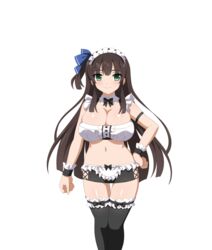 alternate_breast_size ceri_(sakura_dungeon) clothed edit game_cg hand_on_hip large_breasts maid_uniform midriff ribbon sakura_dungeon transparent_background wanaca winged_cloud