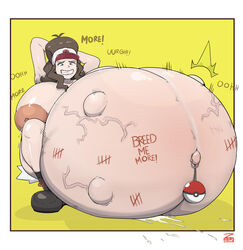 body_writing breasts brown_hair hilda_(pokemon) huge_belly huge_breasts hyper hyper_belly hyper_pregnancy inflation inverted_nipples lactation large_belly navel_piercing nipples pokemon pokemon_bw pregnant pregnant_belly pussy_juice zeruxu