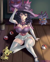 1girls big_breasts black_hair clothed hex_maniac lewdybug long_hair looking_at_viewer mimikyu mismagius nintendo poke_ball poke_ball_(basic) pokemon pokemon_(species) pokemon_xy thick_thighs thighhighs witch_hat