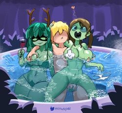 1boy 2girls adventure_time antlers balls bikini_top blonde_hair breast_grab brown_hair cartoon_network doctor_princess double_breast_grab drink drinking_glass female finn_the_human fondling fondling_balls glasses green_skin groping hot_tub huntress_wizard leaf_hair male mask minus8 multiple_girls night penetration reverse_cowgirl_position sex stomach_bulge testicles vaginal_penetration