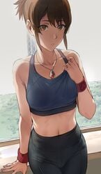 1girls athletic athletic_female brown_eyes brown_hair collarbone dota:_dragon's_blood dota_2 female hews_hack highres jewelry marci medium_breasts midriff necklace ponytail solo sports_bra sportswear sweat valve yoga_pants